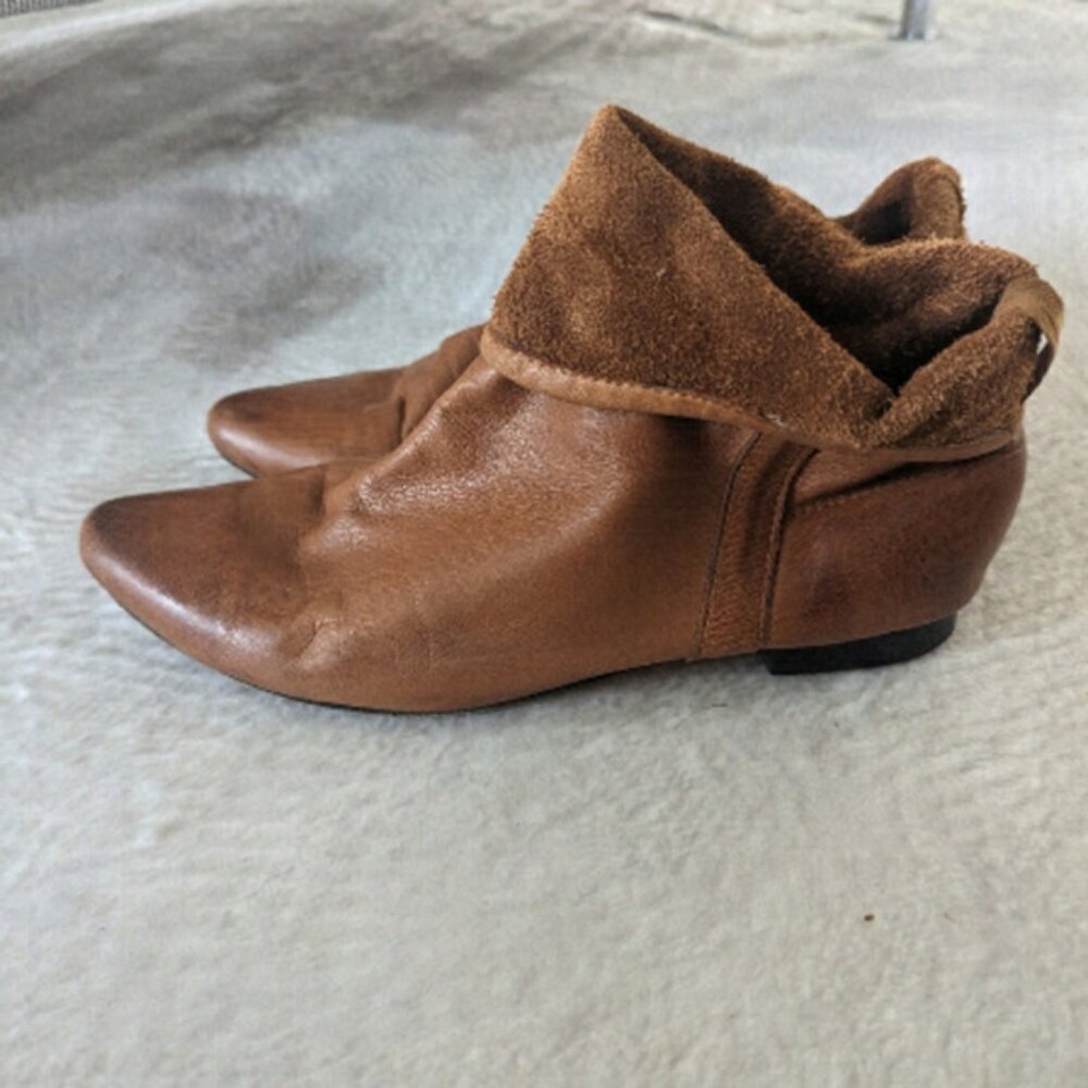 Pepper Cognac Suede Leather Roll  Down Soft Leather Ankle Booties 37
